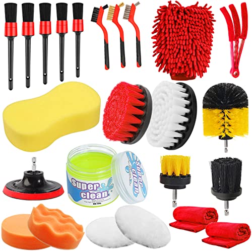 Jaronx 24PCS Car Detailing Drill Brush Kit, Car Detailing Kit, Car Detailing Brush Set (Car Drill Brushes, Car Drill Polishing Pads, Detailing Brushes, Wash Mitt/Sponge, Wire Brushes, Cleaning Gel)…