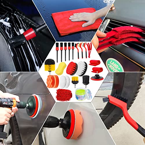 Jaronx 24PCS Car Detailing Drill Brush Kit, Car Detailing Kit, Car Detailing Brush Set (Car Drill Brushes, Car Drill Polishing Pads, Detailing Brushes, Wash Mitt/Sponge, Wire Brushes, Cleaning Gel)…