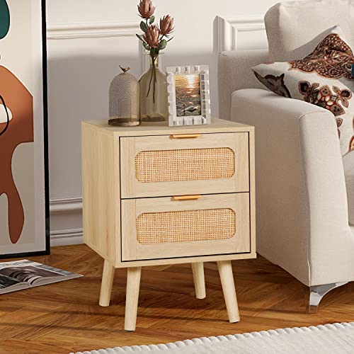 LAZZO Set of 2 Nightstands Wooden Night Stands with Rattan Drawers Home Bedside End Table for Bedroom (2 Drawers Design)