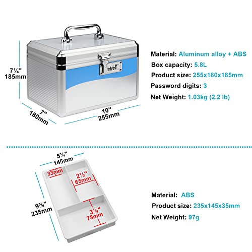 eoere 5.8L Combination Lock Medicine Cabinet w/Separate Removable Divider, First Aid Box w/Individual 3-Digit Lock, Child Proof Lockable Storage Box Aluminum Alloy, Size 10 x 7 x 7.3 Inches