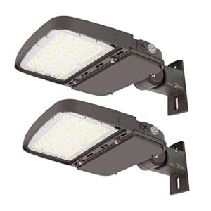 xbuyee (2 pack) 240w led parking lot light with dusk to dawn photocell, outdoor commercial led shoebox lights with arm mount, dimmable 130lm/w 5000k 100-277v ip65, wattage tunable 240w/200w/150w, etl