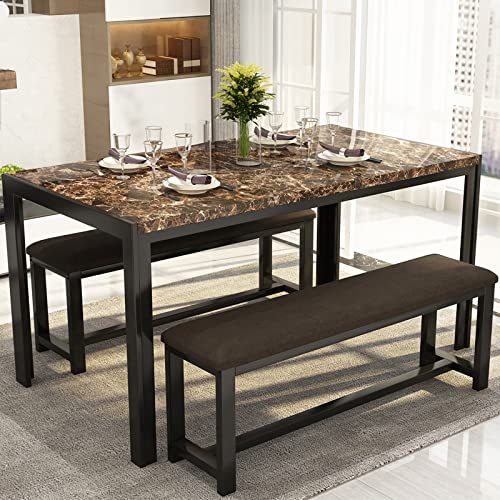 DKLGG Dining Table Set for 4 Faux Marble Kitchen Table with PU Leather Benches Kitchen Table Dinner Table Set for 4 Small Kitchen Table and Chairs for Small Spaces