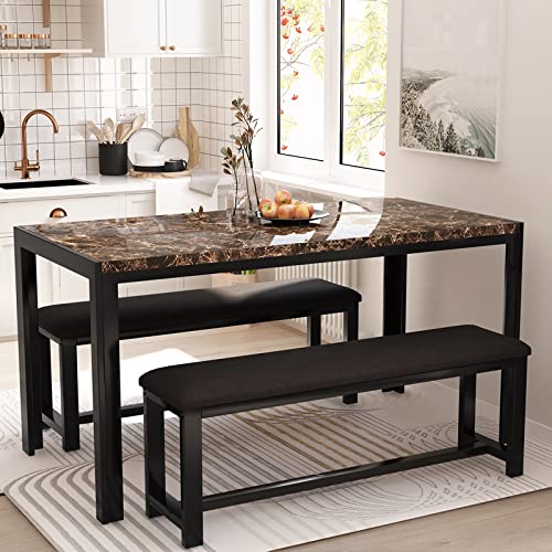 DKLGG Dining Table Set for 4 Faux Marble Kitchen Table with PU Leather Benches Kitchen Table Dinner Table Set for 4 Small Kitchen Table and Chairs for Small Spaces