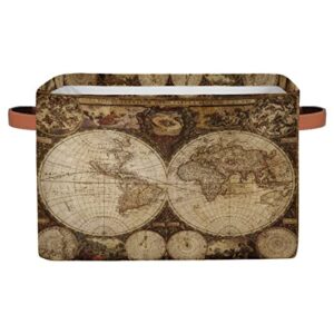 vintage world map fabric storage cubes collapsible storage bins, nautical map storage boxes for organizing storage baskets with handles for shelves, closet, toy, nursery (15x11x9.5 inch)