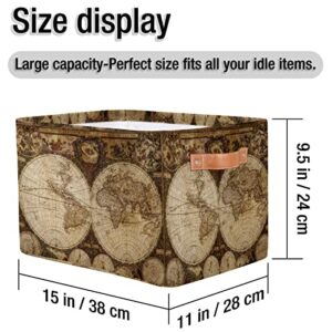 Vintage World Map Fabric Storage Cubes Collapsible Storage Bins, Nautical Map Storage Boxes for Organizing Storage Baskets with Handles for Shelves, Closet, Toy, Nursery (15x11x9.5 Inch)