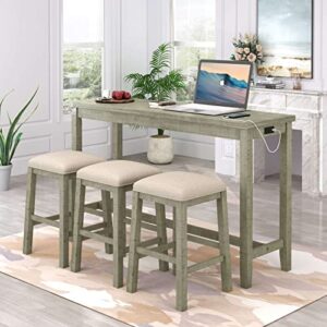 frithjill 4 piece counter height table and stools set, rustic bar dining table set with usb interface and power socket