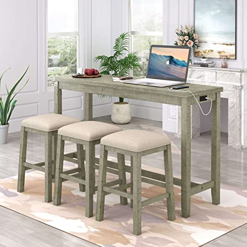 FRITHJILL 4 Piece Counter Height Table and Stools Set, Rustic Bar Dining Table Set with USB Interface and Power Socket