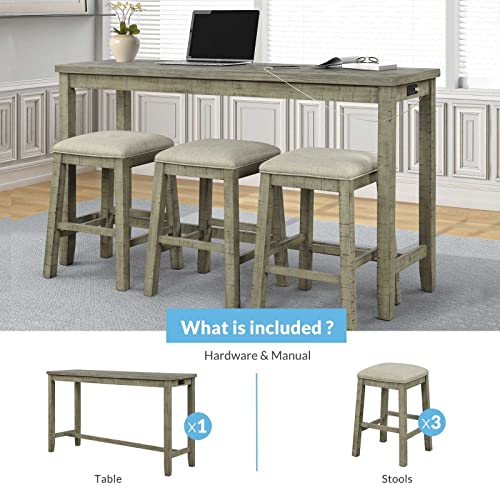 FRITHJILL 4 Piece Counter Height Table and Stools Set, Rustic Bar Dining Table Set with USB Interface and Power Socket