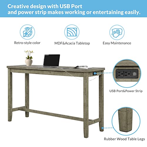 FRITHJILL 4 Piece Counter Height Table and Stools Set, Rustic Bar Dining Table Set with USB Interface and Power Socket