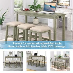 FRITHJILL 4 Piece Counter Height Table and Stools Set, Rustic Bar Dining Table Set with USB Interface and Power Socket