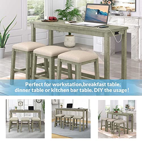 FRITHJILL 4 Piece Counter Height Table and Stools Set, Rustic Bar Dining Table Set with USB Interface and Power Socket