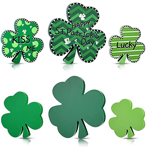 3 Pieces St. Patrick's Day Wooden Decors Irish Shamrocks Ornaments Lucky Clover Baubles Green Shamrock Signs for Desk, Office and Home Decoration (Cute Style)