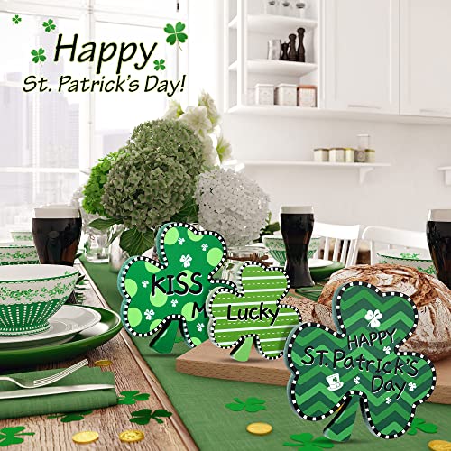 3 Pieces St. Patrick's Day Wooden Decors Irish Shamrocks Ornaments Lucky Clover Baubles Green Shamrock Signs for Desk, Office and Home Decoration (Cute Style)