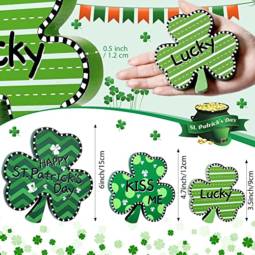 3 Pieces St. Patrick's Day Wooden Decors Irish Shamrocks Ornaments Lucky Clover Baubles Green Shamrock Signs for Desk, Office and Home Decoration (Cute Style)