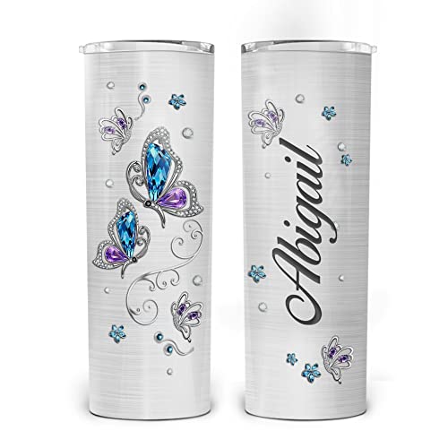 Wassmin Personalized Butterfly Skinny Tumbler Customized Stainless Steel Vacuum Insulated Tumbler With Lid 20 Oz Double Walled Insulated Coffee Cup for Gym Fitness Travel Office Use For Women