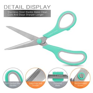 Scissors 8" Multipurpose Scissors Titanium Coated Sturdy Sharp Scissors Right/Left Handed Comfort-Grip Handles for Office Home School Sewing Fabric Craft Supplies Green/Gray