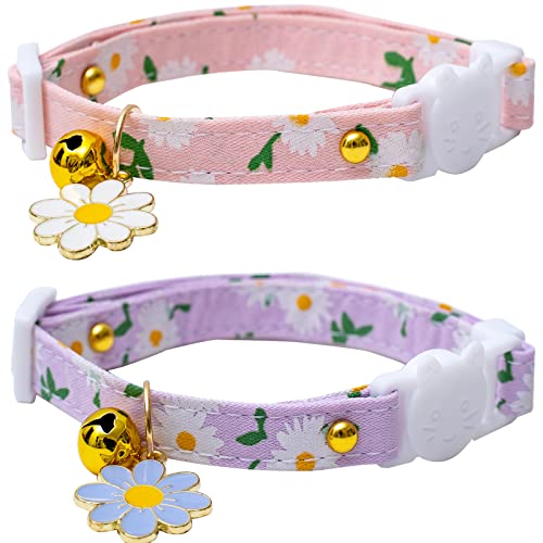 2 Pack Cotton Breakaway Cat Collars with Bell Flower Pendant Kitty Kitten Collars Pink Purple Collar for Female Girl Cats Male Boy Cats