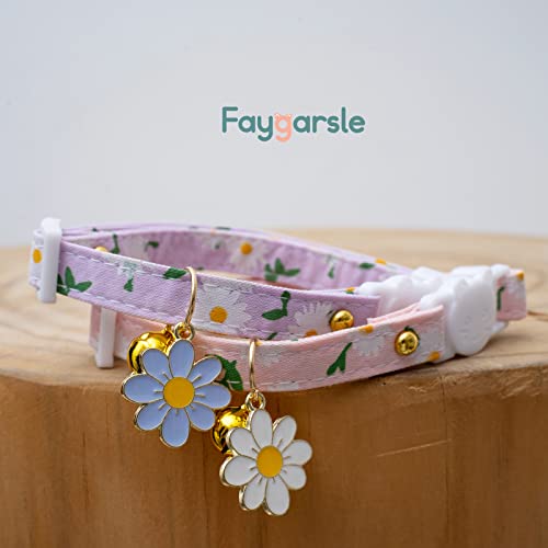 2 Pack Cotton Breakaway Cat Collars with Bell Flower Pendant Kitty Kitten Collars Pink Purple Collar for Female Girl Cats Male Boy Cats