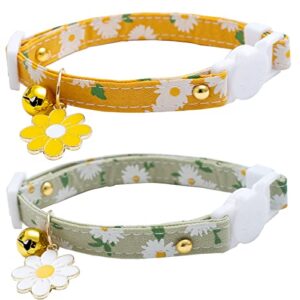 2 pack cotton breakaway cat collars with bell flower pendant kitty kitten collars yellow green collar for female girl cats male boy cats