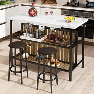 AWQM 3 Piece Bar Table Set,Kitchen Island Table with Storage and Seating Counter Bar Table Table and Chairs Set with Shelves,Faux Marble Dining Table Set for 2,Kitchen Table Set for Small Space,White