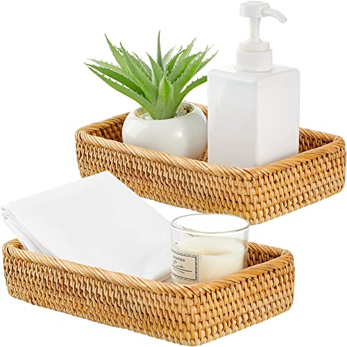 2 Pieces Rattan Toilet Tank Baskets, Handwoven Bathroom Sink Vanity Tray Decor for Counter, Rectangular Wicker Storage Basket Small Serving Trays for Toilet Paper, Towel, Napkin, Bread Organizing