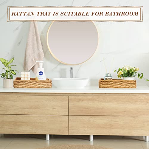 2 Pieces Rattan Toilet Tank Baskets, Handwoven Bathroom Sink Vanity Tray Decor for Counter, Rectangular Wicker Storage Basket Small Serving Trays for Toilet Paper, Towel, Napkin, Bread Organizing