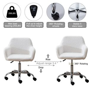 Modern Faux Fur Home Office Chair, Upholstered Fluffy Makeup Vanity Chair for Teen Girls Swivel Desk Chair, Height Adjustable Leisure Elegant chair, White