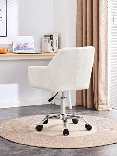 Modern Faux Fur Home Office Chair, Upholstered Fluffy Makeup Vanity Chair for Teen Girls Swivel Desk Chair, Height Adjustable Leisure Elegant chair, White