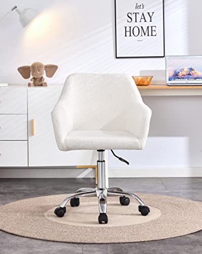 Modern Faux Fur Home Office Chair, Upholstered Fluffy Makeup Vanity Chair for Teen Girls Swivel Desk Chair, Height Adjustable Leisure Elegant chair, White