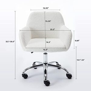 Modern Faux Fur Home Office Chair, Upholstered Fluffy Makeup Vanity Chair for Teen Girls Swivel Desk Chair, Height Adjustable Leisure Elegant chair, White