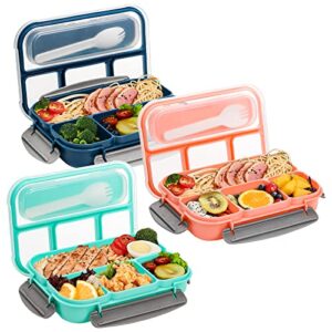 okllen 3 pack bento lunch boxes with spoon and 4 compartment, plastic meal prep containers with lids, leakproof food storage snack container for adults, work, home, 3 colors