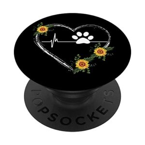 paw print heartbeat with sunflower heart on black popsockets swappable popgrip