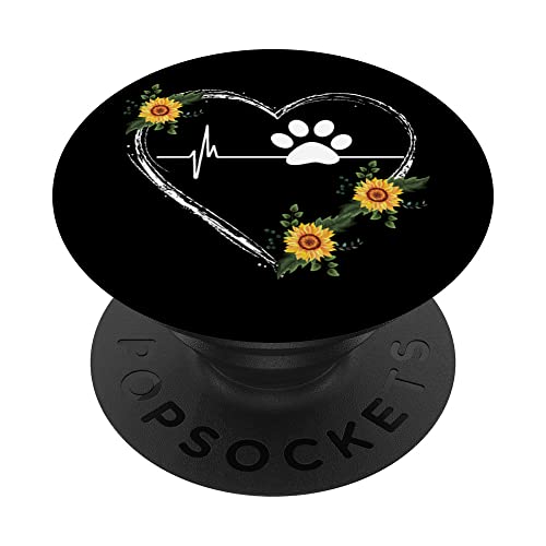 Paw Print Heartbeat With Sunflower Heart On Black PopSockets Swappable PopGrip