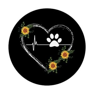 Paw Print Heartbeat With Sunflower Heart On Black PopSockets Swappable PopGrip