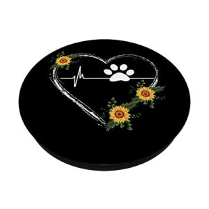 Paw Print Heartbeat With Sunflower Heart On Black PopSockets Swappable PopGrip