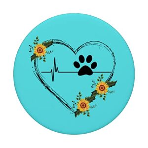 Paw Print Heartbeat With Sunflower Heart On Blue PopSockets Swappable PopGrip