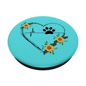 Paw Print Heartbeat With Sunflower Heart On Blue PopSockets Swappable PopGrip