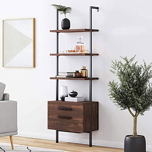 Industrial Wall Mounted Bookshelf with Wood Drawers, 4-Tiers Ladder Shelf Bookcase with Cabinet, Modern Open Book Shelves for Living Room, Bedroom, Home, Office (24 x 12 x 71 Inches, Rustic Brown)