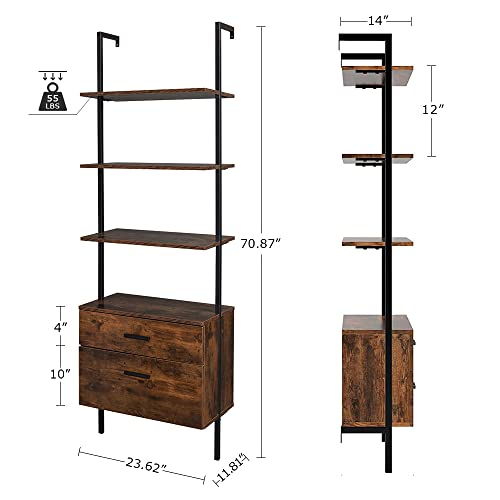 Industrial Wall Mounted Bookshelf with Wood Drawers, 4-Tiers Ladder Shelf Bookcase with Cabinet, Modern Open Book Shelves for Living Room, Bedroom, Home, Office (24 x 12 x 71 Inches, Rustic Brown)