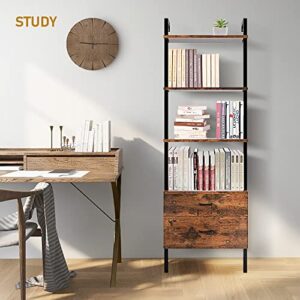 Industrial Wall Mounted Bookshelf with Wood Drawers, 4-Tiers Ladder Shelf Bookcase with Cabinet, Modern Open Book Shelves for Living Room, Bedroom, Home, Office (24 x 12 x 71 Inches, Rustic Brown)