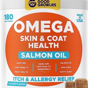 Omega 3 Alaskan Fish Oil Treats for Dogs (180 Ct) - Dry & Itchy Skin Relief + Allergy Support - Shiny Coats - EPA&DHA Fatty Acids - Natural Salmon Oil Chews Promotes Heart, Brain, Hip & Joint Support