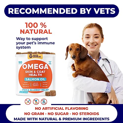 Omega 3 Alaskan Fish Oil Treats for Dogs (180 Ct) - Dry & Itchy Skin Relief + Allergy Support - Shiny Coats - EPA&DHA Fatty Acids - Natural Salmon Oil Chews Promotes Heart, Brain, Hip & Joint Support