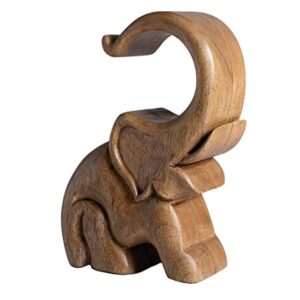 VivaTerra Hand-Carved Wooden Elephant Wine Bottle Display, 5"L x 4"W x 9"H, Elephant Wine Rack Carved in India from Mango Wood, Saluting Elephant Wine Holder