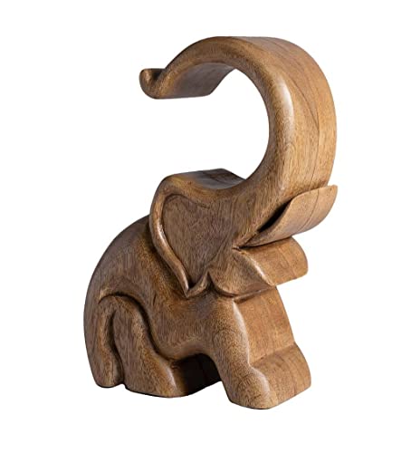 VivaTerra Hand-Carved Wooden Elephant Wine Bottle Display, 5"L x 4"W x 9"H, Elephant Wine Rack Carved in India from Mango Wood, Saluting Elephant Wine Holder