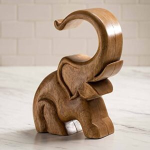 VivaTerra Hand-Carved Wooden Elephant Wine Bottle Display, 5"L x 4"W x 9"H, Elephant Wine Rack Carved in India from Mango Wood, Saluting Elephant Wine Holder