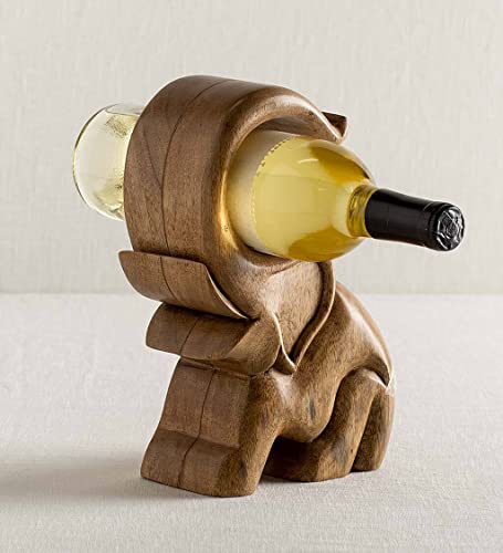 VivaTerra Hand-Carved Wooden Elephant Wine Bottle Display, 5"L x 4"W x 9"H, Elephant Wine Rack Carved in India from Mango Wood, Saluting Elephant Wine Holder