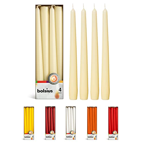 BOLSIUS Ivory Taper Candles - 4 Pack Unscented 10 Inch Dinner Candle Set - 8 Hours Burn Time - Premium European Quality - Smokeless and Dripless Household, Wedding, Party, and Home Decor Candlesticks