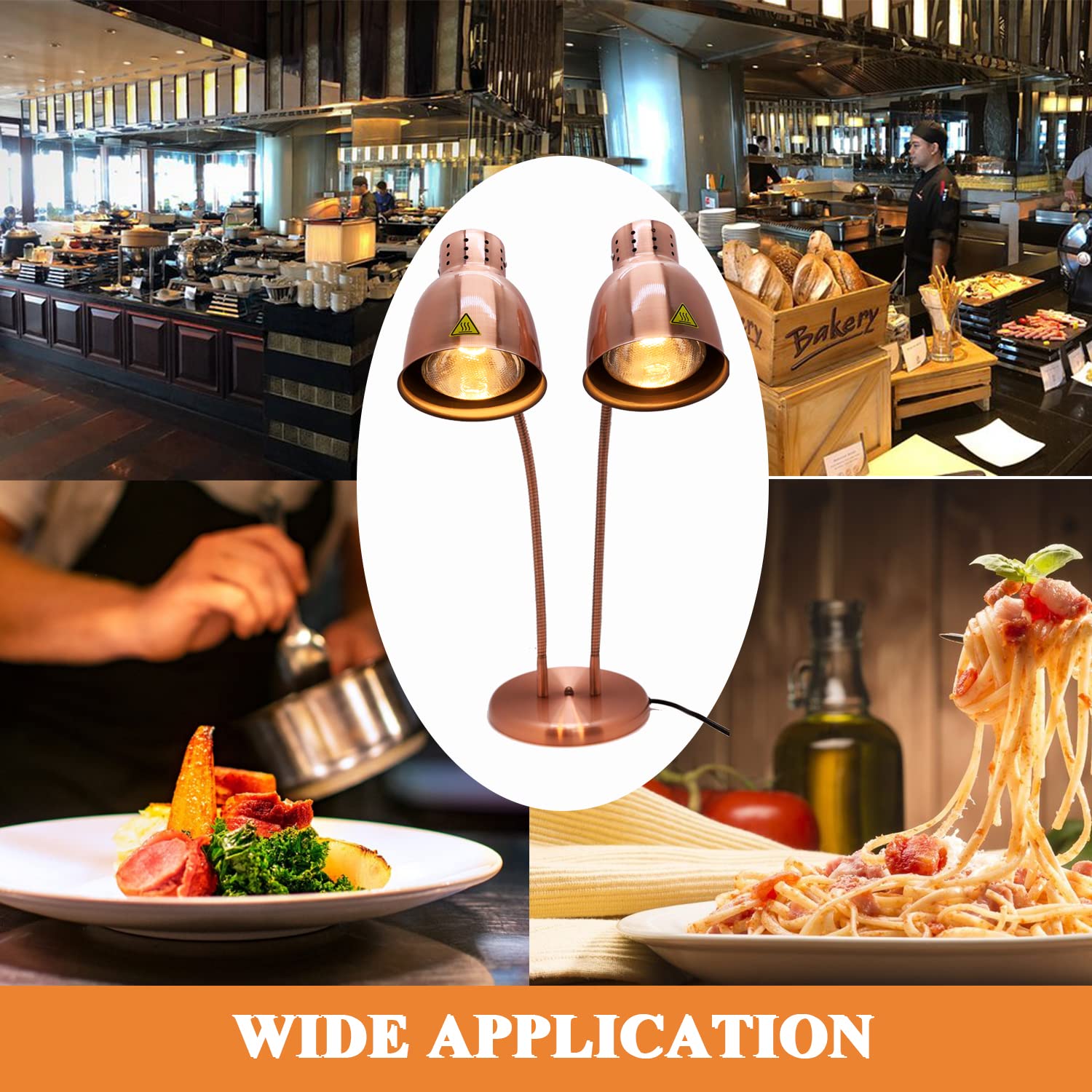 KOUWO Dual Bulbs Food Heat Lamp 500W Food Warmer Light Adjustable Copper Heating Lamps for Buffet Restaurant Kitchen Parties Freestanding (Dual Bulbs(110V))