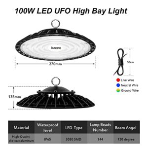 4 Pack 100W LED High Bay Light, 10000LM 6000K UFO LED Shop Light, 5' Cable with 110V US Plug, IP65 Commercial Lowbay Area Lighting Fixture for Garage Factory Workshop Warehouse Wet Location, Non-Dim