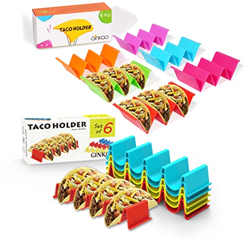 GINKGO Taco Holder Stand Set of 6 and Colorful Taco Holders Set of 6 Taco Taco Tray Plates with Handle Very Sturdy and Durable Dishwasher and Microwave Safe